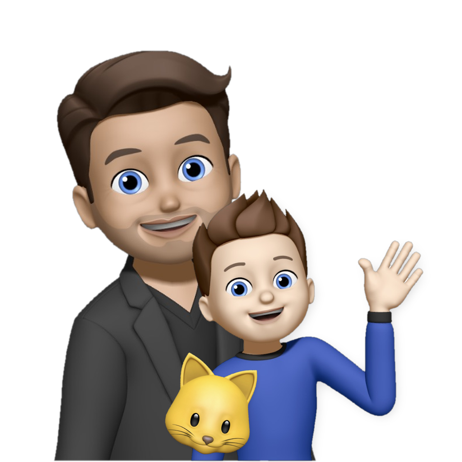 Cartoon avatars of a dad and his son with a yellow cat between them