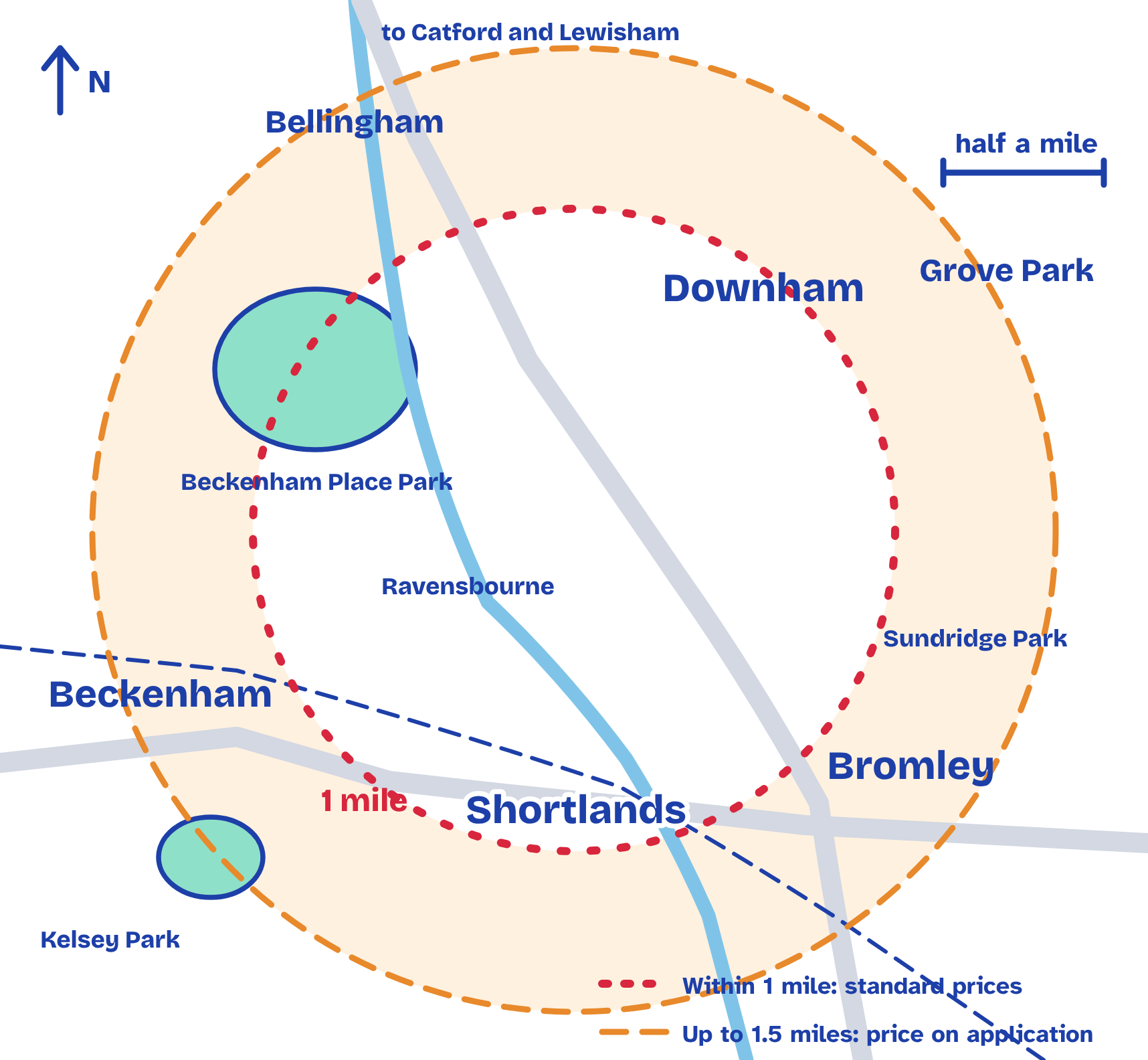 Map of the area we cover. A red dotted circle shows 1 mile from home, where standard prices apply. A larger orange dashed ring shows up to 1.5 miles, where we quote a price.